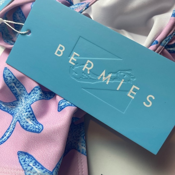 NWT Bermies Pink Blue Starfish Ruffle Shoulder Swimsuit - Picture 4 of 4